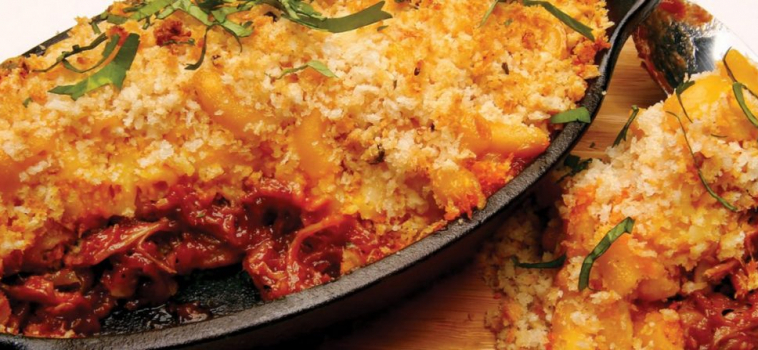 Pulled Pork Mac-N-Cheese With Garlic Crumbs