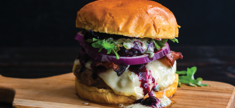 RED, WHITE & BLUEBERRY BACON BURGER WITH BASIL AIOLI